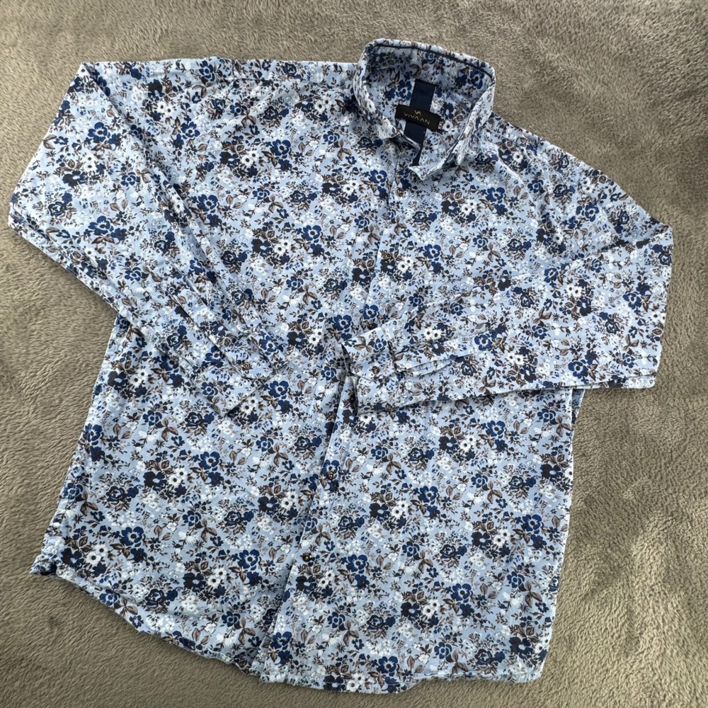 VIVAAN Floral Button Down Shirt Mens XXL Blue Excellent Long Sleeve Cotton
